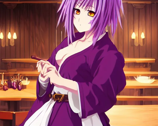 Image similar to key anime visual portrait of a young female witch purple feathered robe in a tavern interior, dynamic pose, dynamic perspective, cinematic, dramatic lighting, muted colors, fine detail, textured, big detailed eyes, anatomical proportions