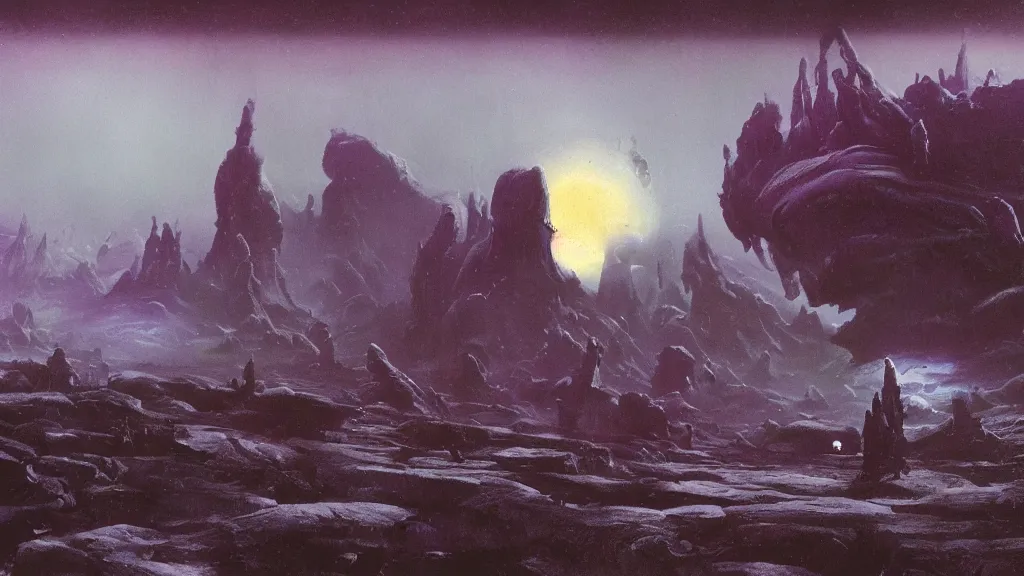 Image similar to eerie atmospheric alien planet by paul lehr and jack gaughan and john schoenherr, epic cinematic matte painting