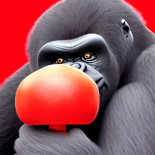 Image similar to a wholesome animation key shot of a gorilla holding a very small red mushroom, chilled out smirk on face, studio ghibli, pixar and disney animation, sharp, rendered in unreal engine 5, anime key art by greg rutkowski, bloom, dramatic lighting