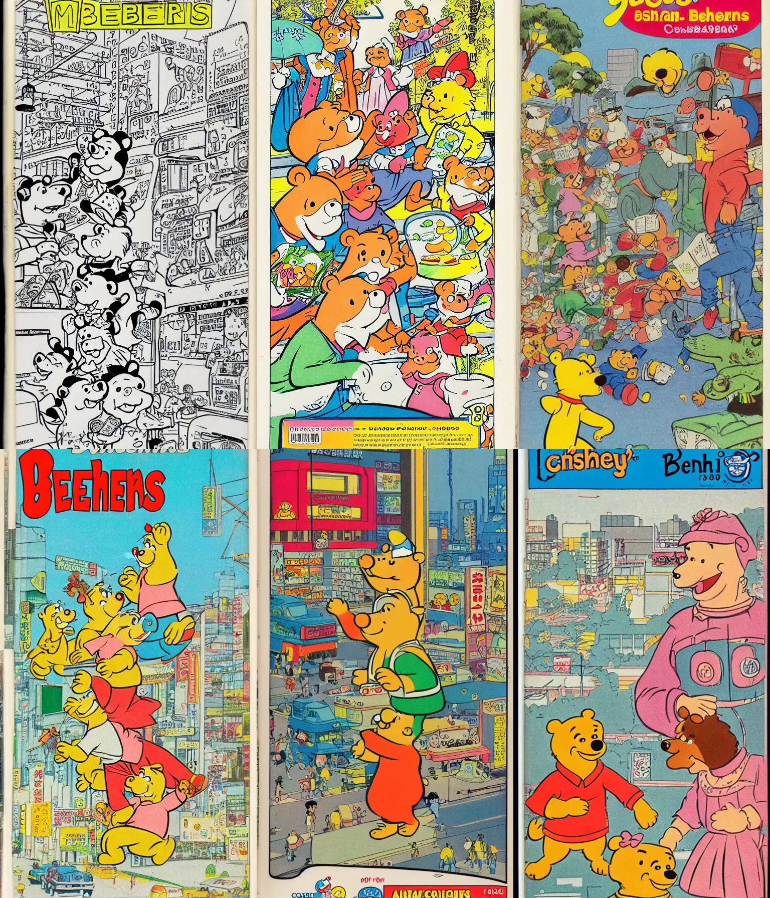 Prompt: cover artwork of 1960 vintage coloring book Berenstain Bears in Akihabara