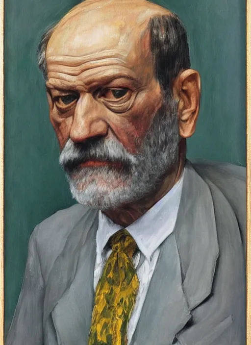 Prompt: “portrait of sigmund freud, by Lucian freud, fleshy, Freudian, visible brush strokes, in oil”