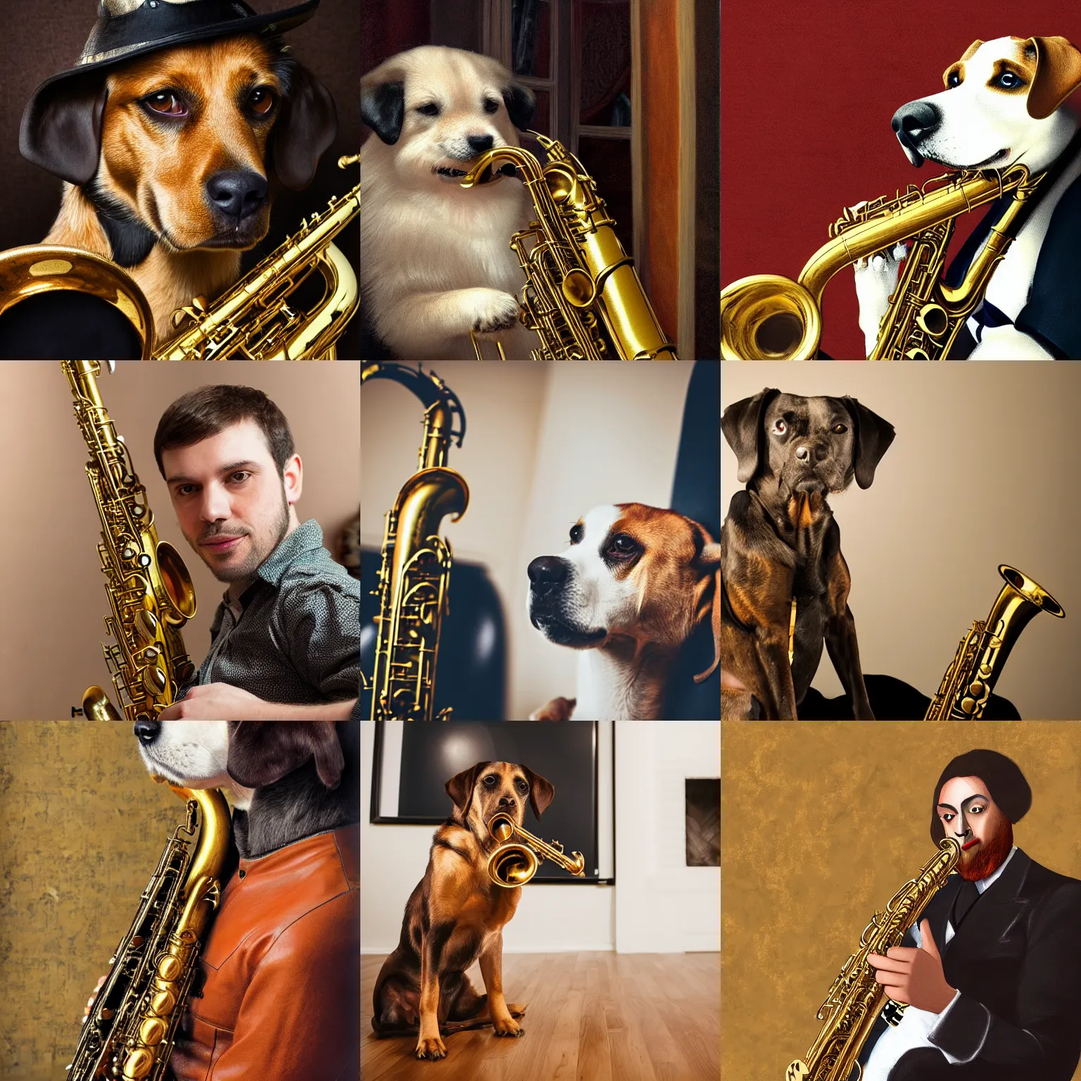 Prompt: dog with saxophone, living room background, medieval portrait, close up