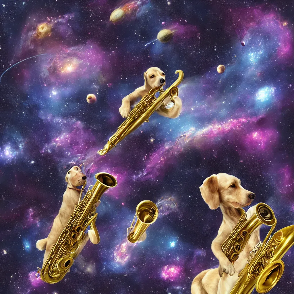 Image similar to dog playing saxophone jazz in space. High detail, 4k, planets, galaxy, nebula, trending on artstation, digital painting