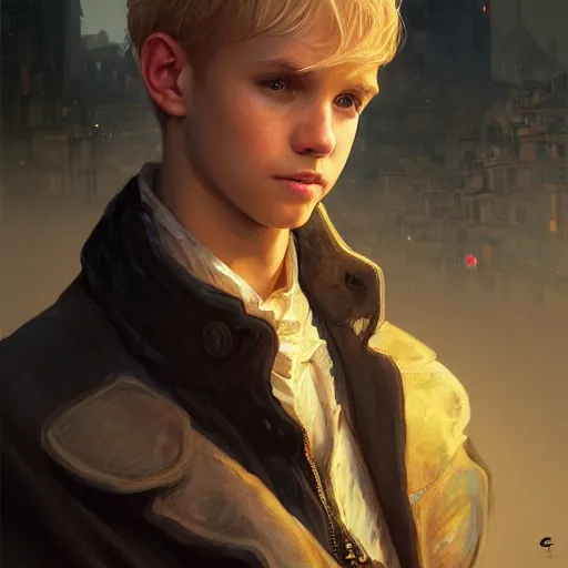 Image similar to portrait of a young boy thief in the slums of a fantasy city, dirty blonde hair, d & d, fantasy, joyful smirk, intricate, elegant, highly detailed, digital painting, artstation, concept art, matte, sharp focus, illustration, art by artgerm and greg rutkowski and alphonse mucha
