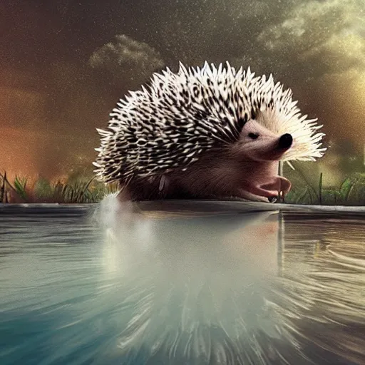 Image similar to beautiful hedgehog, fantasy, drawing, pencil cute, the creation process, rendered in octane, pools of water