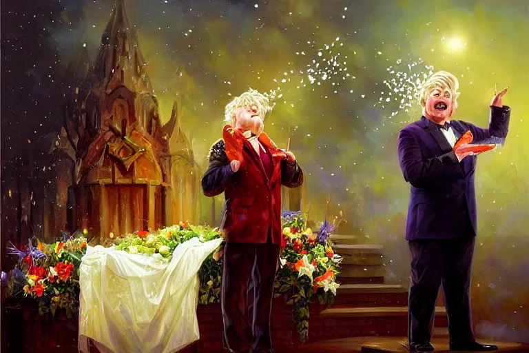 Image similar to portrait of rip taylor throwing confetti during a funeral service, an oil painting by ross tran and thomas kincade