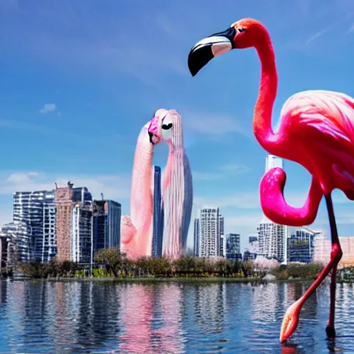 Prompt: photo of giant flamingo attacking a city