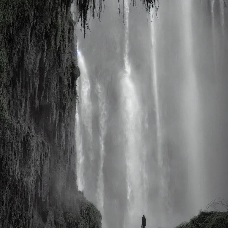 Prompt: dark and moody 1 9 8 0's artistic color spaghetti western film, a giant tall huge woman in an extremely long dress made out of waterfalls, standing inside a green mossy irish rocky scenic landscape, huge waterfall, volumetric lighting, backlit, atmospheric, fog, extremely windy, soft focus, by ansel adams and wes anderson