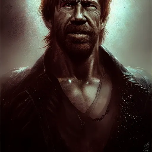 Image similar to chuck norris, darkwave, darksynth, character portrait, sharp, digital matte painting, art by luis royo, greg rutkowski, wlop, dramatic lighting, trending on artstation