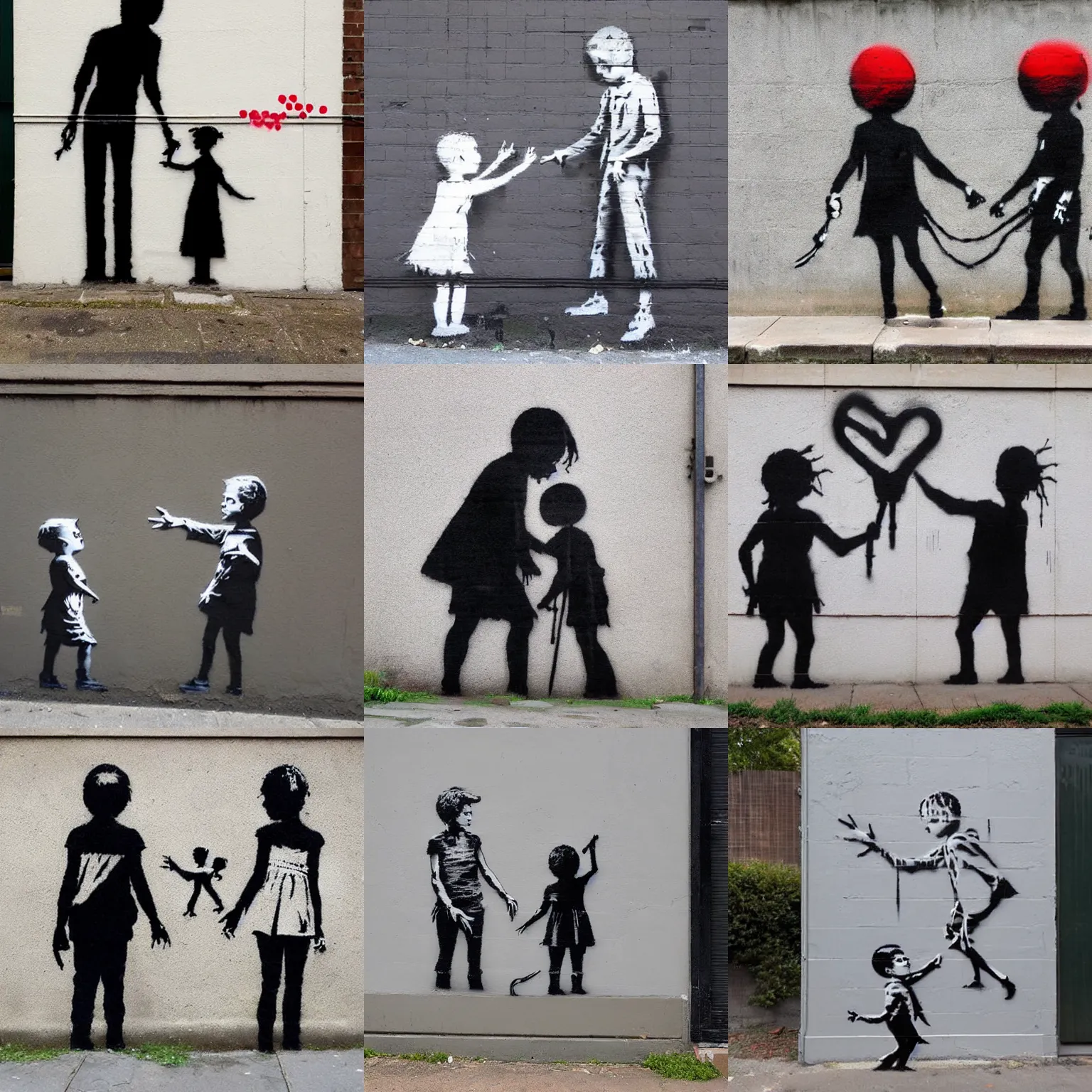 Image similar to a street art of thread connecting brother and sister by banksy