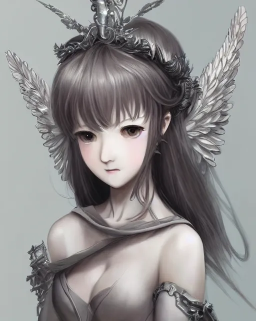 Image similar to range murata, an infinitely detailed portrait of a frail and pale female peace angel elegantly. fully - clothed full - body, beautiful! scenery art!! coherent! by wlop & murata range, victorian armor trim, cold color palette, artstation / pixiv!! elegantly armored angel portrait full - body, dreamy art