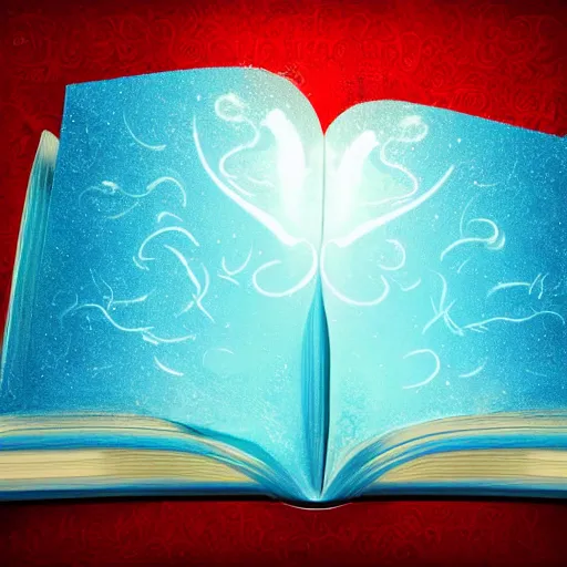 Prompt: an open book floating in a library with light blue magic flowing out of it, whimsical digital art