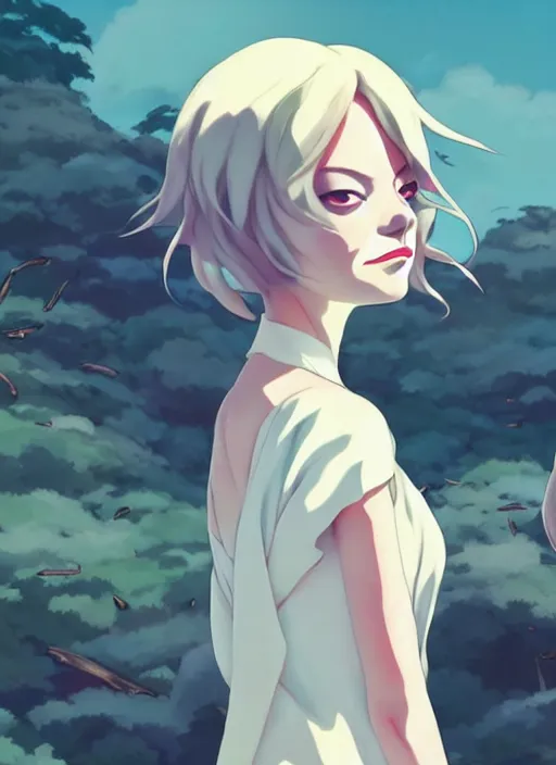 Prompt: portrait of emma stone starring cruella, cloudy sky background lush landscape illustration concept art anime key visual trending pixiv fanbox by wlop and greg rutkowski and makoto shinkai and studio ghibli