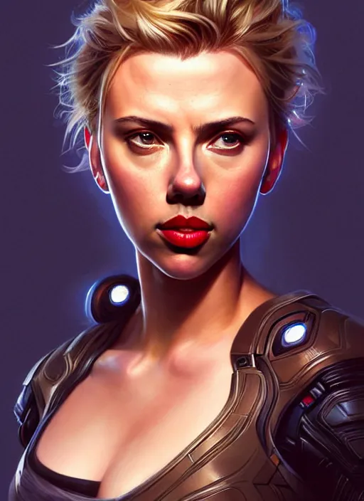 Image similar to portrait of apex legends scarlett johansson, intricate, elegant, glowing lights, highly detailed, digital painting, artstation, glamor pose, concept art, smooth, sharp focus, illustration, art by artgerm and greg rutkowski, artey freytag