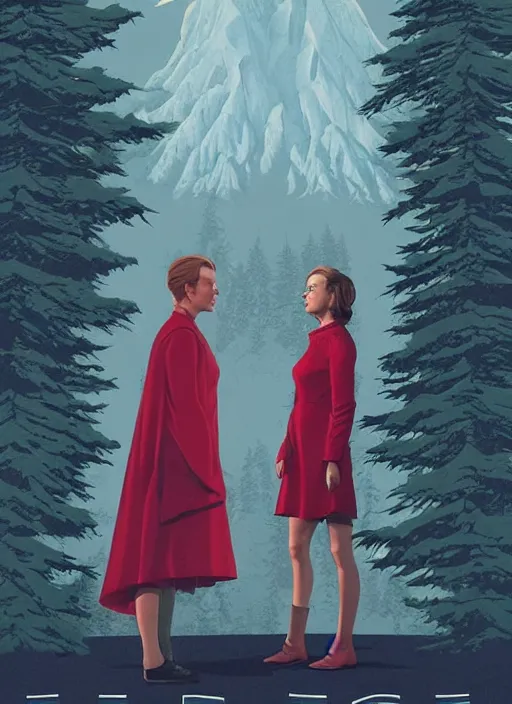 Image similar to Twin Peaks movie poster artwork by Michael Whelan and Tomer Hanuka, Rendering of Emma Watson & Kiernan Shipka hallucinating in order to meet David Bowie the god spirit, from a scene from Twin Peaks, clean, full of detail, Matte painting, trending on artstation and unreal engine