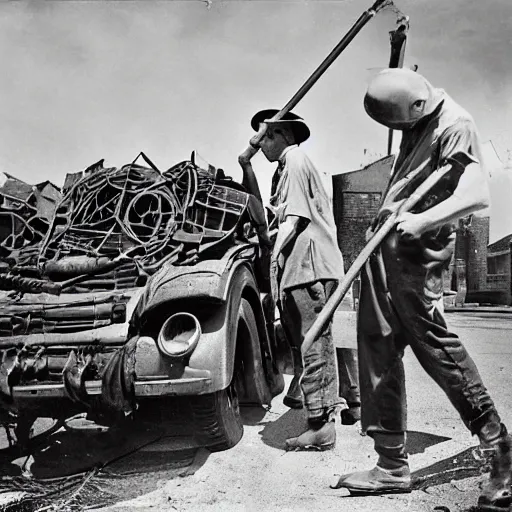 Image similar to photograph, men working in a machine shop sweeping up scrap metal, circa 1946