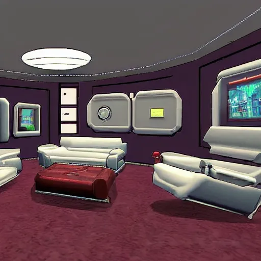 Prompt: a living room with futuristic furniture, from a Lucasarts graphic adventure game made in 1992