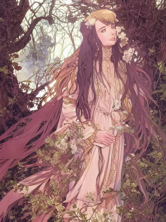 Image similar to anime key visual of jodie marie comer the enchantress wearing a medieval gown!! intricate, magical forest, stunning, highly detailed, digital painting, artstation, smooth, hard focus, illustration, art by artgerm and greg rutkowski and alphonse mucha