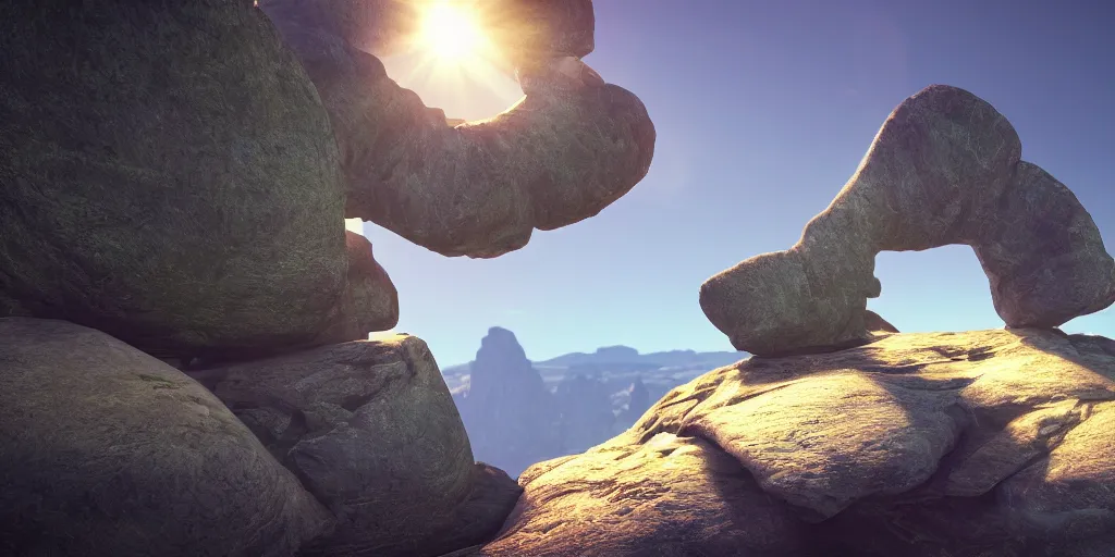 Image similar to epic landscape, rock shaped in the form of a doughnut with sunlight coming through, 8 k uhd, unreal engine, octane render in the artstyle of kuindzhi