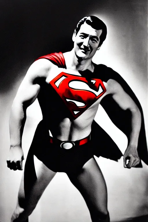 Prompt: rock hudson playing superman in, superhero, dynamic, heroic, studio lighting, in colour