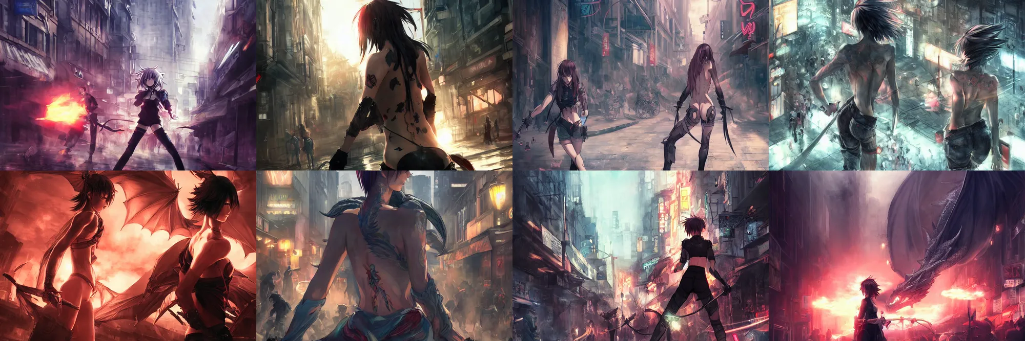 Prompt: Digital anime art by WLOP and Mobius, A young woman, dragon tattoo on bare back, preparing to fight, crowd of opponents, downtown street setting, highly detailed, bright harsh lighting