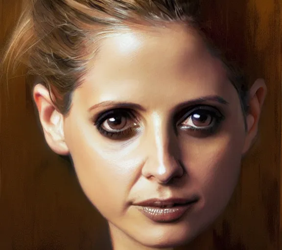 Image similar to a hyper-detailed portrait of Sarah Michelle Gellar; Sarah Michelle Gellar by Craig Mullins; oil on canvas; trending on artstation; 90mm; f/1.4