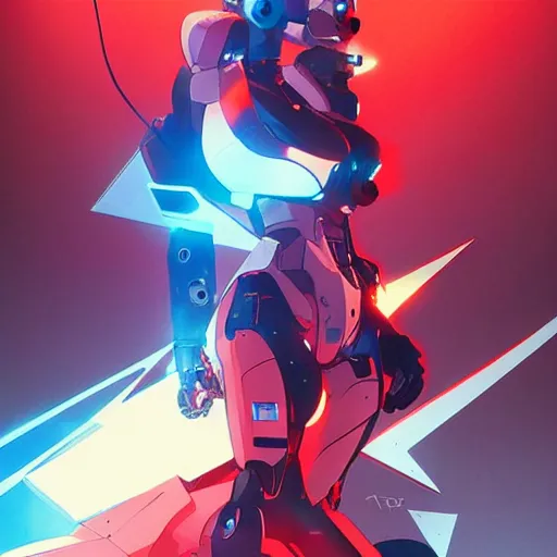 Image similar to arasaka mech, cyberpunk, art by greg tocchini, dave mccaig artwork, red and blue neon