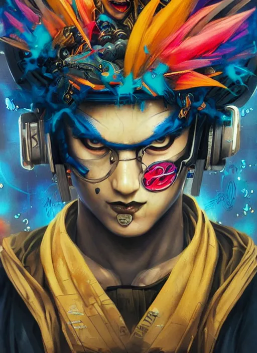 Prompt: beautiful portrait of Lofi cyberpunk Goku, by Tristan Eaton, Stanley Artgermm, Tom Bagshaw, Greg Rutkowski, Carne Griffiths. trending on DeviantArt, face enhance, hyper detailed, trending on Artstation, 8k, masterpiece, graffiti paint, fine detail, full of color, intricate detail, golden ratio illustration