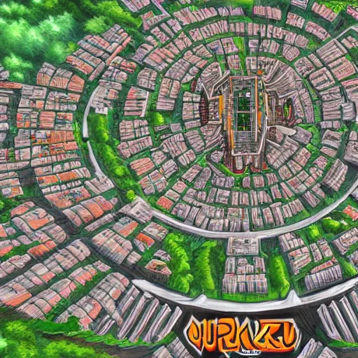 Image similar to berserk, naruto, city top view, high detail