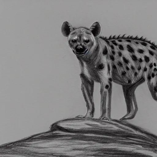 Prompt: concept art of an hyena standing on a rock looking out the horizon of the savana, realism, drawing