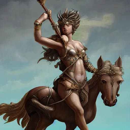 Image similar to Artemis, goddess of the hunt riding on top of a mythical crrature holding a spear. 4k, award winning, concept art, high quality