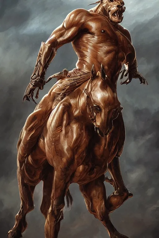 Image similar to portrait of hulking herculean anthro horse, leather catsuit, test subject, monstrous, full body, sci - fi, intricate, elegant, highly detailed, digital painting, artstation, concept art, sharp focus, illustration, art by artgerm and greg rutkowski and alphonse mucha