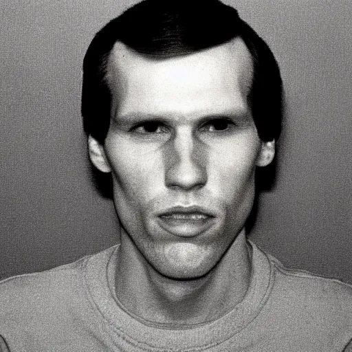 Image similar to A mugshot portrait of a man who looks like Jerma985 with short length wavy hair and a slightly receded hairline and thin bangs, wearing mid 1980s menswear in the late 1980s, taken in the late 1980s, grainy, realistic, hyperrealistic, very realistic, highly detailed, very detailed, extremely detailed, detailed, trending on artstation, front facing, front view, headshot and bodyshot, detailed face, very detailed face