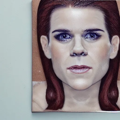 Prompt: a cake with vanilla frosting in the shape of the face of kate mara, 4 k, hyperdetailed, photorealism