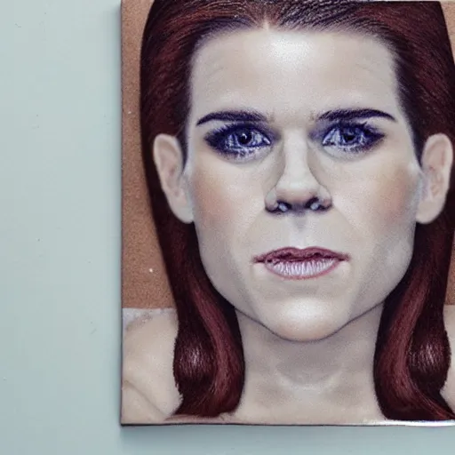 Image similar to a cake with vanilla frosting in the shape of the face of kate mara, 4 k, hyperdetailed, photorealism