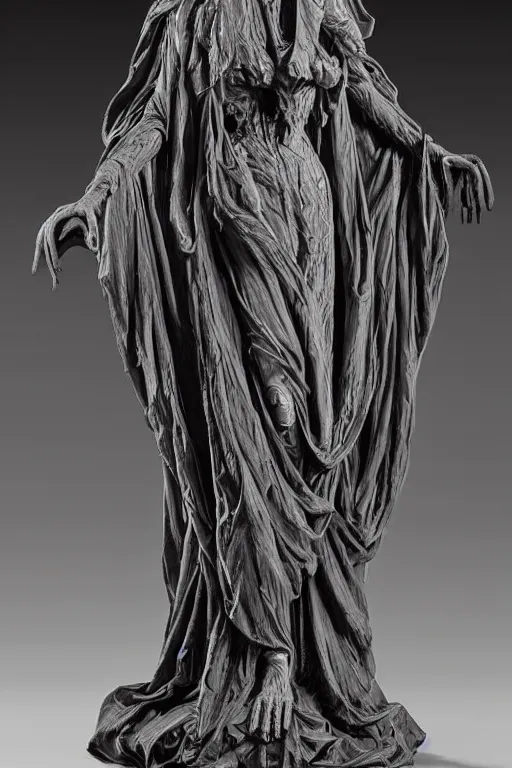 Prompt: a cinematic view of an highly ornated intricate macabre impressionist sacred statue of veiled ghoul made in light dark oak, with few ornaments in shiny polished graphite, sculpted by hedi xandt and antonio corradini, dark surrealism, freak gothic style