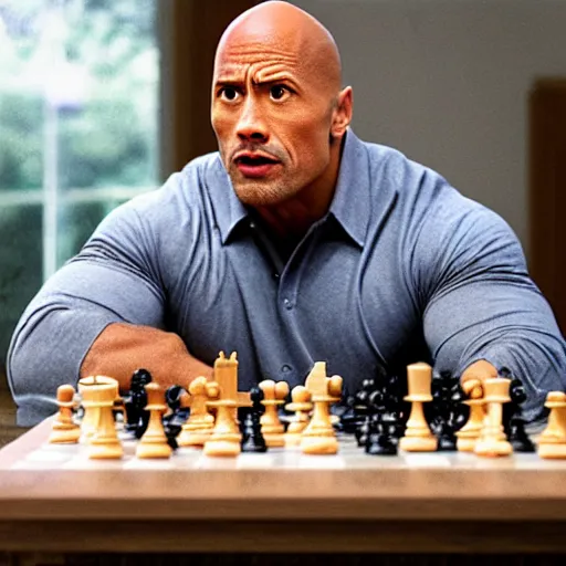 Prompt: a film still Dwayne Johnson playing chess