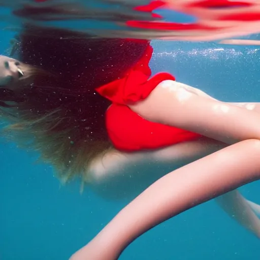 Prompt: fashion model girl in red silk underwater