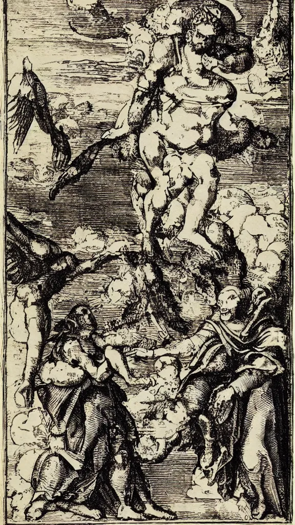Image similar to esoteric etching print of the devil and his wife, amphitheatrum sapientiae aeternae, 1 5 9 5