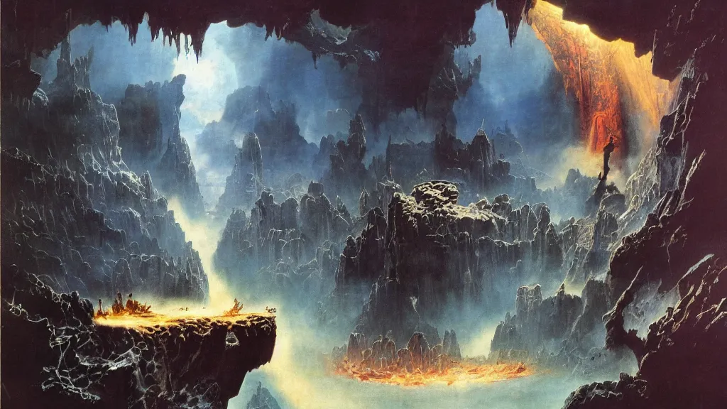 Image similar to journey to the center of the earth by frank frazetta and bruce pennington, cinematic matte painting