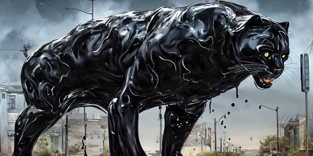 Image similar to the panther made of black goo, dripping tar, drooling ferrofluid, prowling through a suburban neighborhood. painting, environment art, realistic, detailed