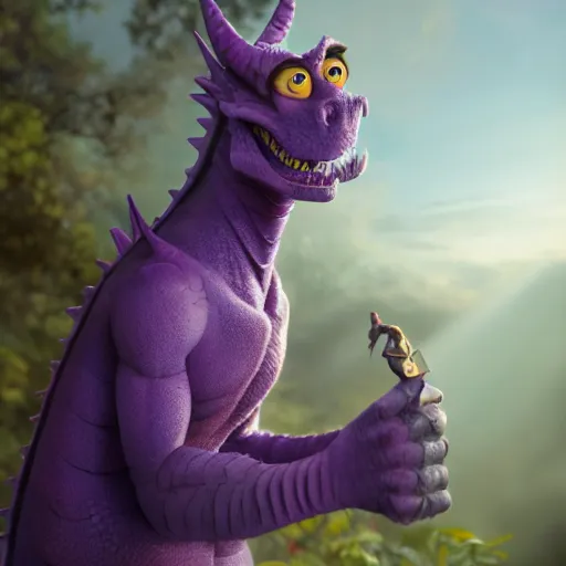 Prompt: figment the purple dragon from disney as a anthropomorphic human, furry, realistic, 4 k photo, beautiful, award winning, 4 k, greg rutkowski