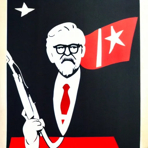 Prompt: Colonel Sanders holding a revolutionary flag, Soviet propaganda style, red back and white, epic detail, poster,