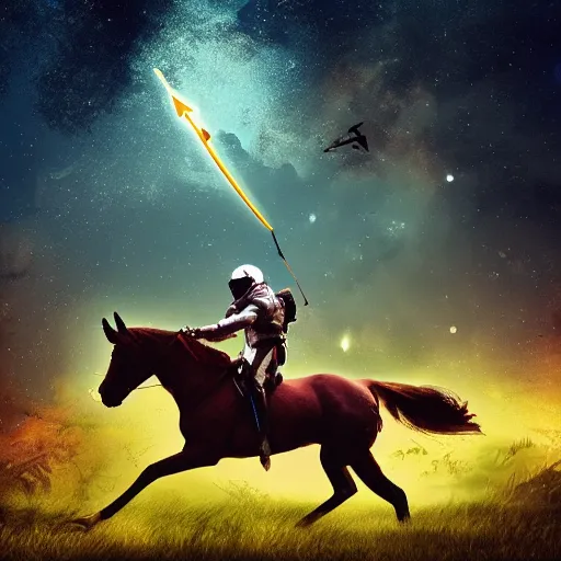 Image similar to arrows struck astronaut riding a horse in a fantasy forest, landscape, morning ambience, cinematic, digital art, front lit, epic, cinematic