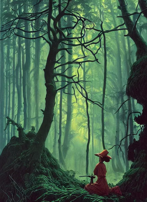 Image similar to hyper realistic witch modem with mood lighting and tech in the woods gorgeous lighting, blue sky, highly detailed, lush forest foliage painting by zdzisław beksinski and norman rockwell and greg rutkowskiweta studio, and lucasfilm