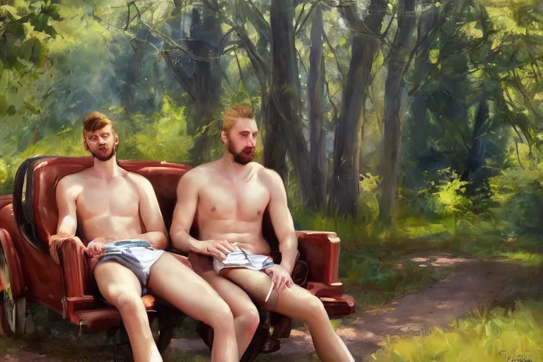 Image similar to 2 attractive men sitting on a coach in forest, painting by vladimir volegov, tom of finland, trending on artstation