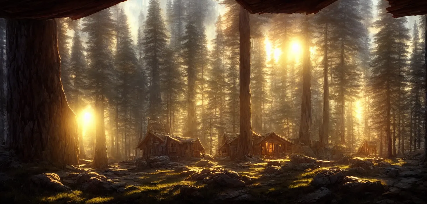 Image similar to concept art of an inside of a cabin in the woods closeup, cinematic view, epic sunny sky, detailed, concept art, high detail, warm lighting, volumetric, godrays, vivid, beautiful, trending on artstation, by jordan grimmer, huge scene, art greg rutkowski