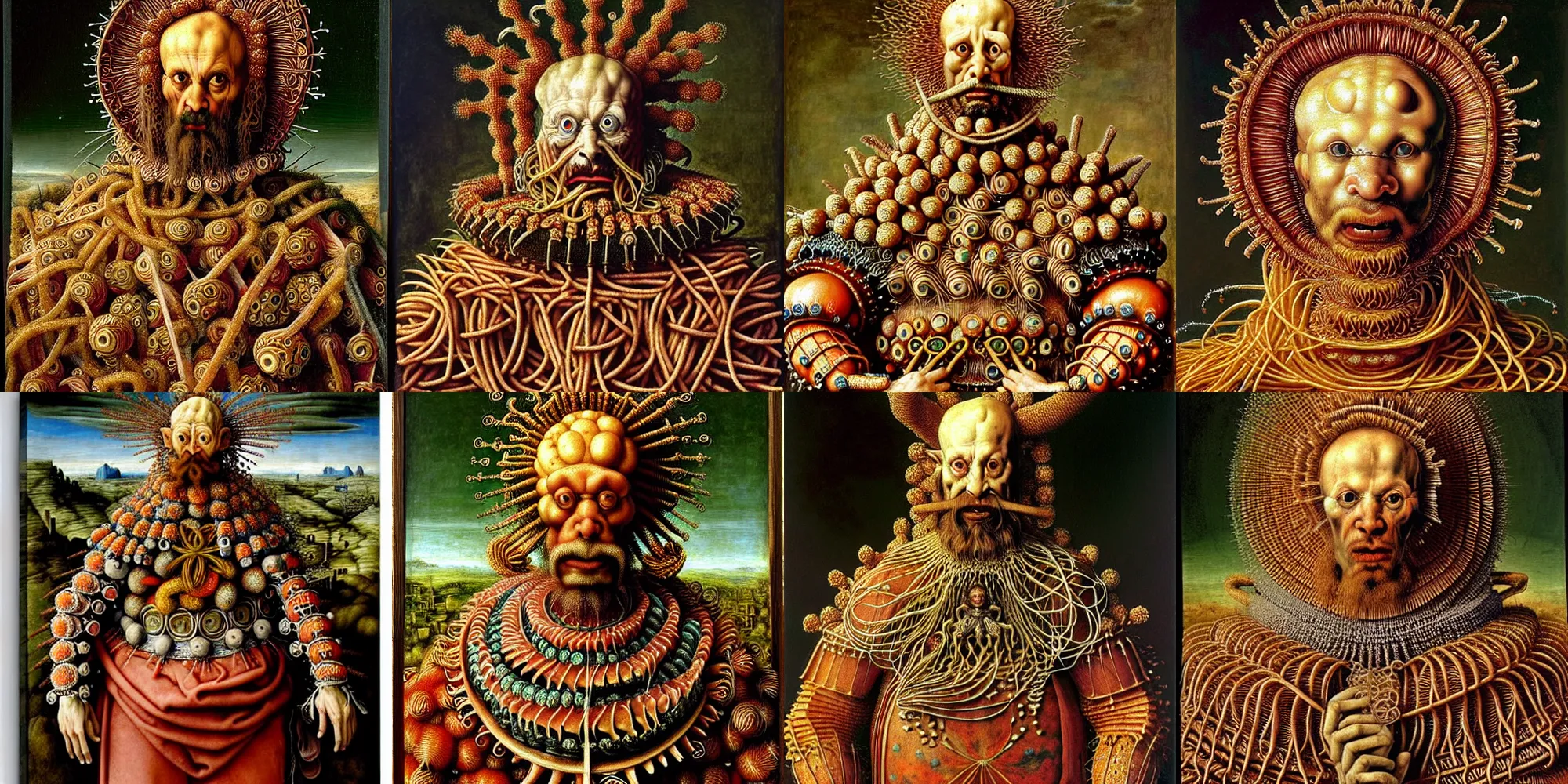 Prompt: full body image of a catholic priest wearing spagetthi fractals, spagetthi armor, ancient spaghetti warrior, highly detailed, by giuseppe arcimboldo and ambrosius benson, renaissance, romanticism, intricate and intense oil paint, a touch of beksinski, realistic