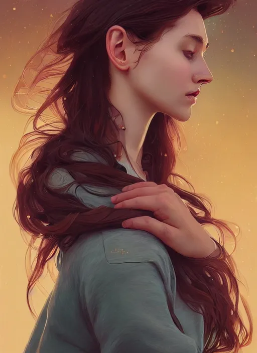 Image similar to handsome young women with shoulder length brown hair, half body shot, path traced, highly detailed, high quality, digital painting, alena aenami, lilia alvarado, shinji aramaki, karol bak, alphonse mucha, tom bagshaw