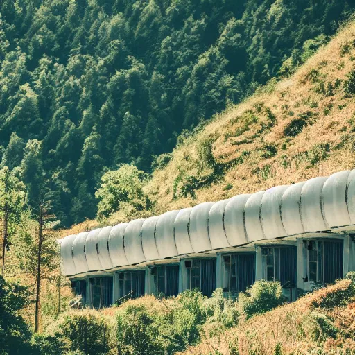 Image similar to sci fi nuclear containment buildings in a steep sided valley with trees, a sense of hope and optimism, birds overhead, stark light, day time, unsplash, national geographic, hd, high res